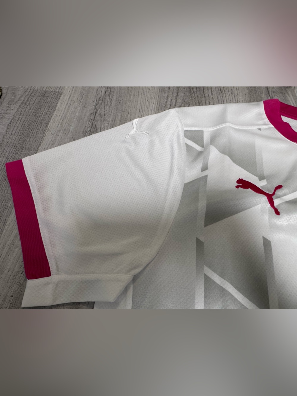 Puma White and Gray Soccer Jersey with Pink Trim - Picture 3 of 9